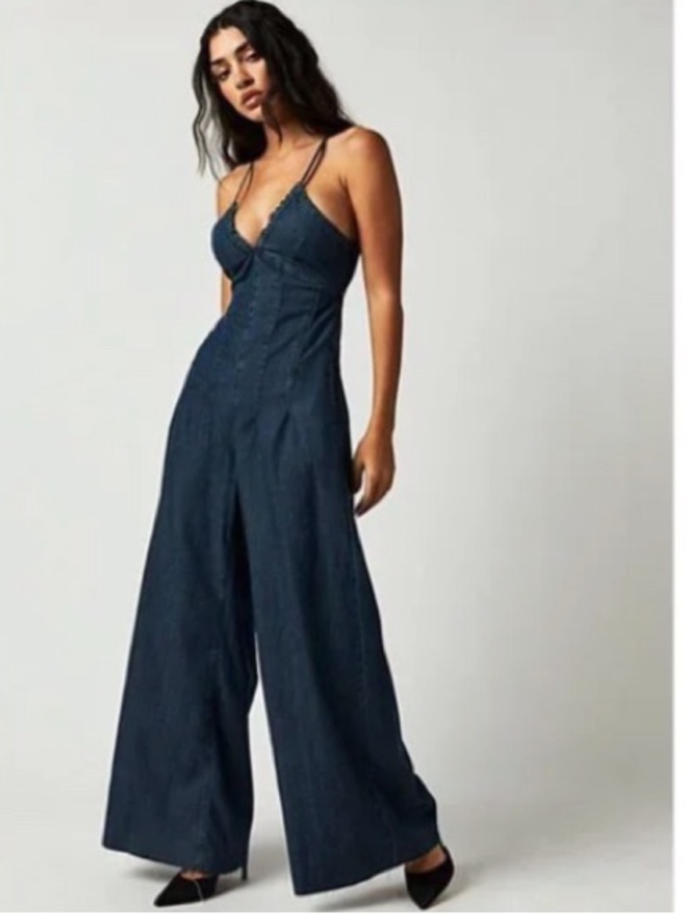 Free People Soul Ties Curvy One Piece Wide Leg Jumpsuit Back Cotton M